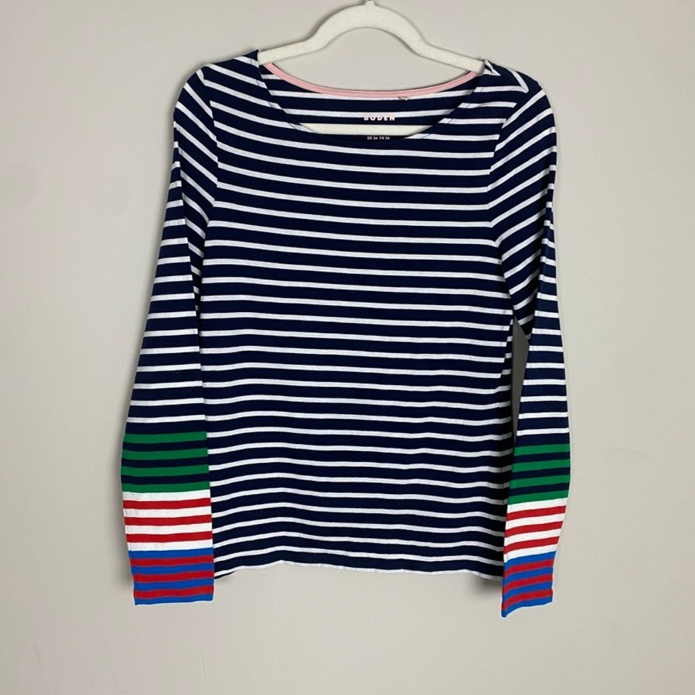 Boden Ella Breton Striped Long Sleeve Top Womens 4 Rainbow Cuff Cotton Basic